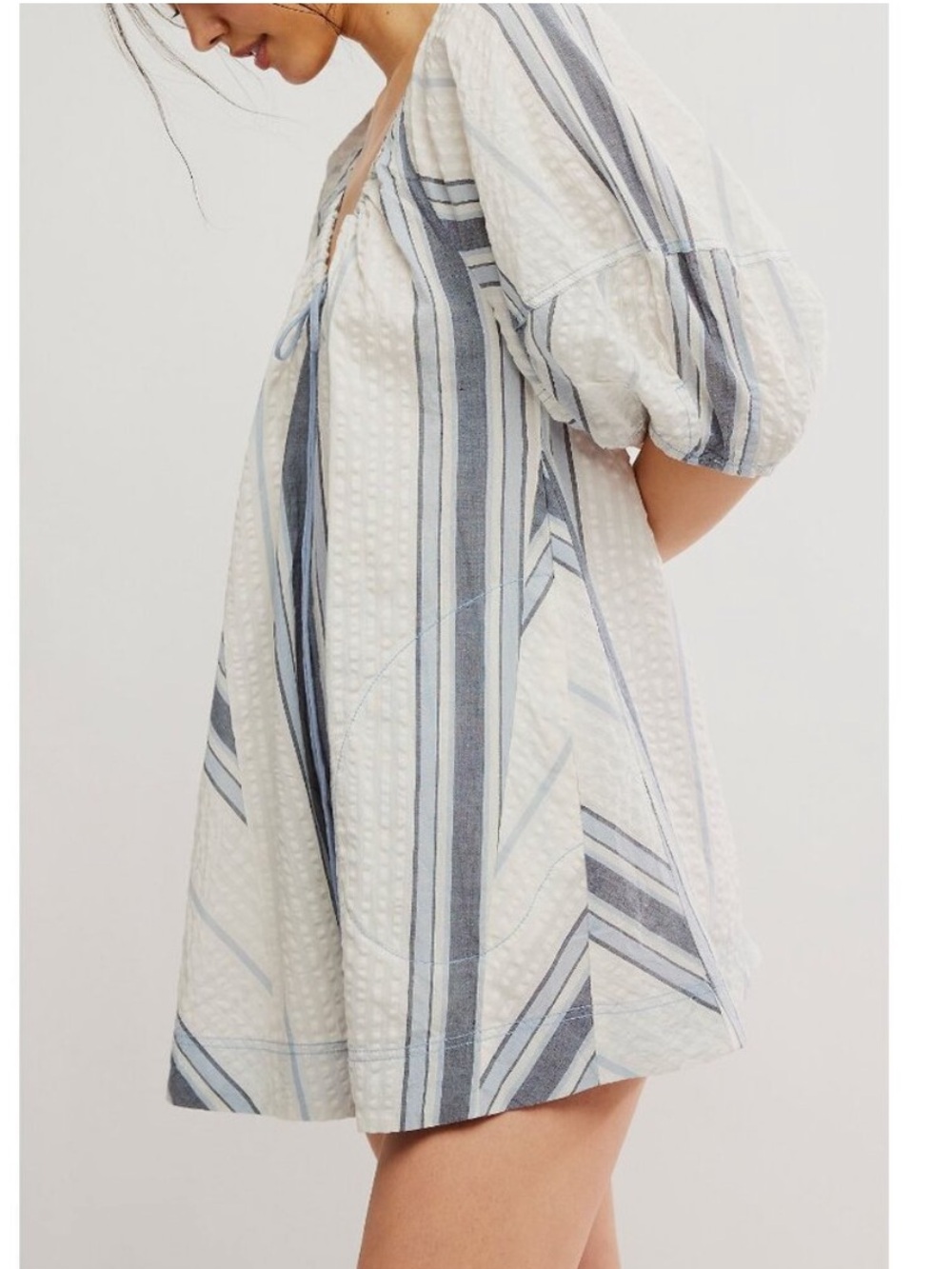 NEW with Tags Free People Blue & White Striped Bop Around Puff-Sleeve Romper